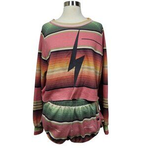 Aviator Nation Women’s Rainbow Stripe Lightning Bolt Long Sleeve & Shorts Set  L